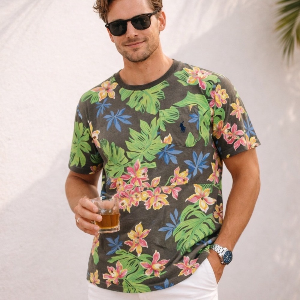 Polo Ralph Lauren T-Shirt Mens Large Brown Tropical Floral Leaf Pocket‎ Tee L